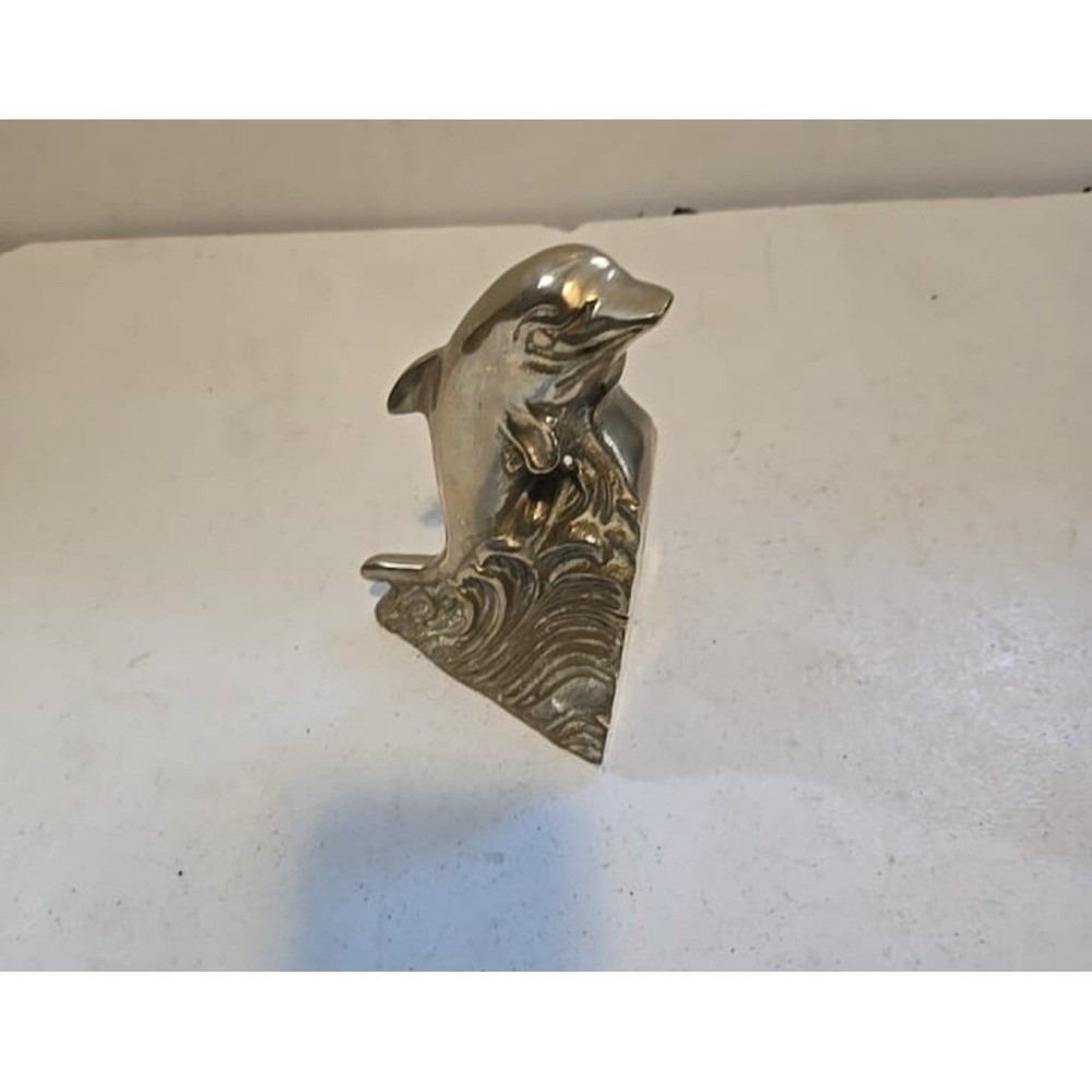 Vintage Solid  Brass Dolphin Riding Wave Nautical Bookend Figurine Statue  Decor